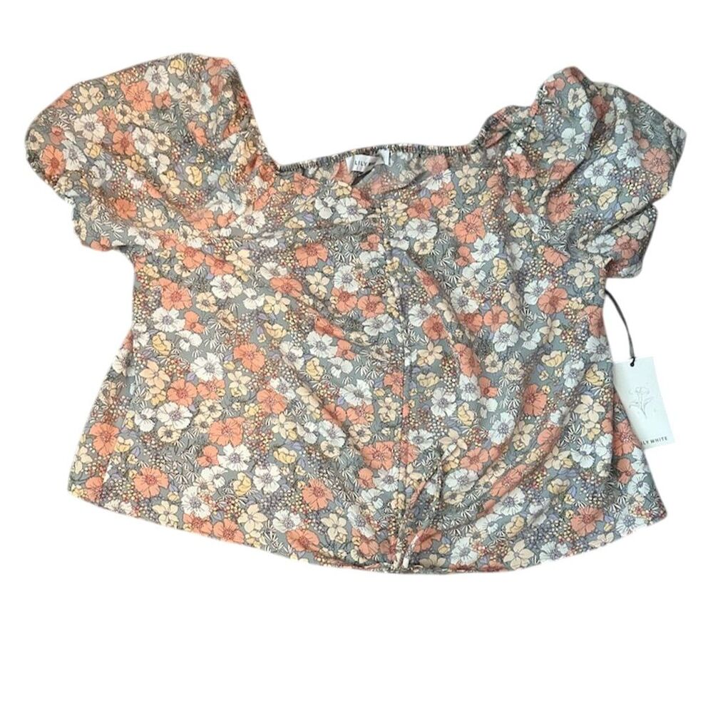 Lily White Women's 2XL Floral Crop Top Square Neck Puff Sleeve NWT